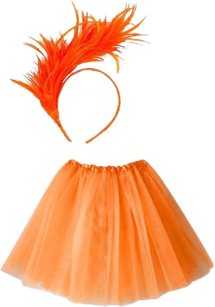 Tule Rok Carnavalskostuum Set，Mardi Gras Oranje Tule Rok voor Dames met Feestaccessoires, 3-delig Set, Feathers Hoofdband, Handschoenen voor carnaval festival party