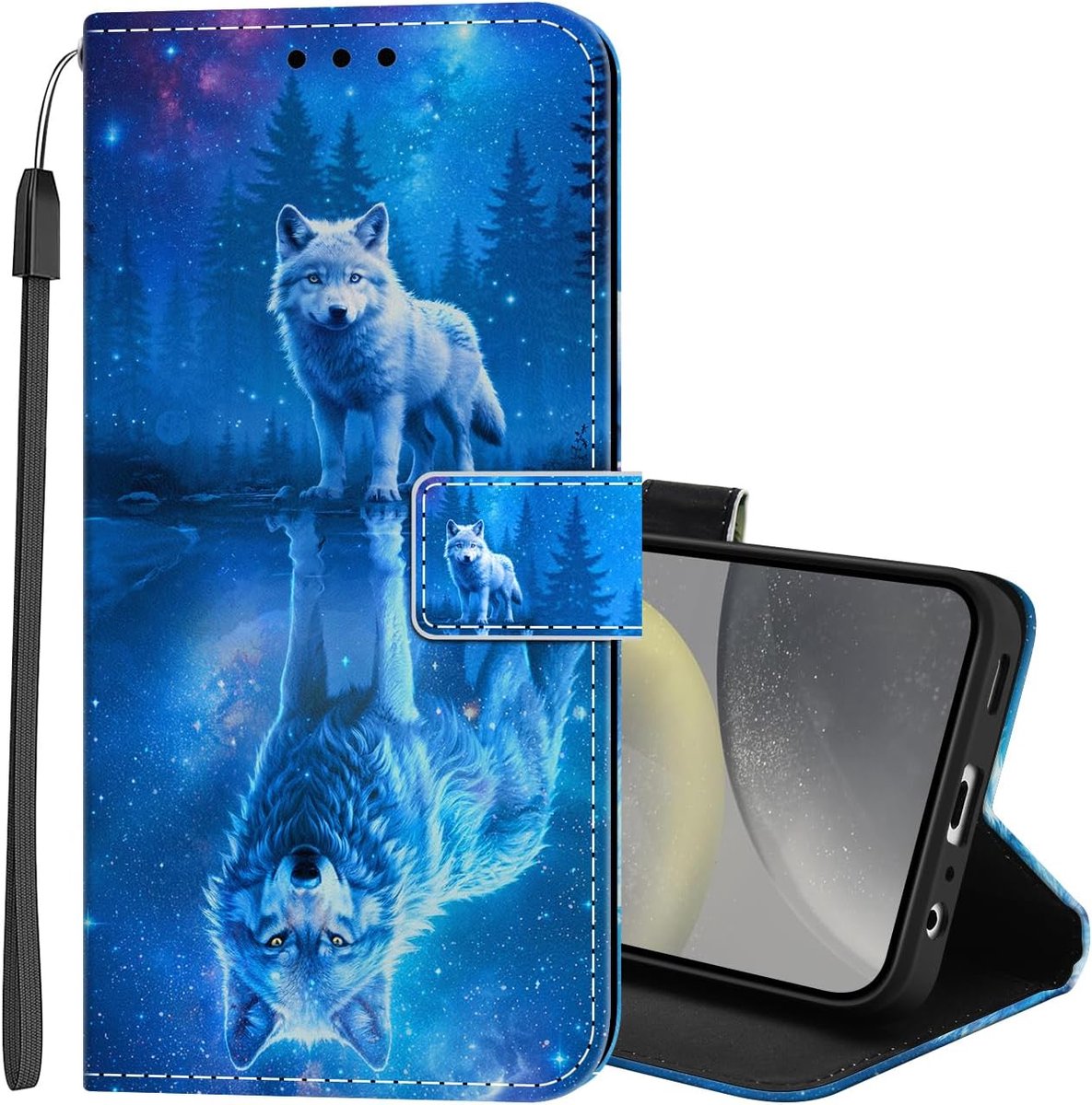 Portemonneehoes voor Samsung Galaxy S25, PU-leren beschermhoesje met flip-beschermhoes, leuke patroonkaarthouder, magnetische sluiting, polsband, standaard en schokbestendig voor Galaxy S25