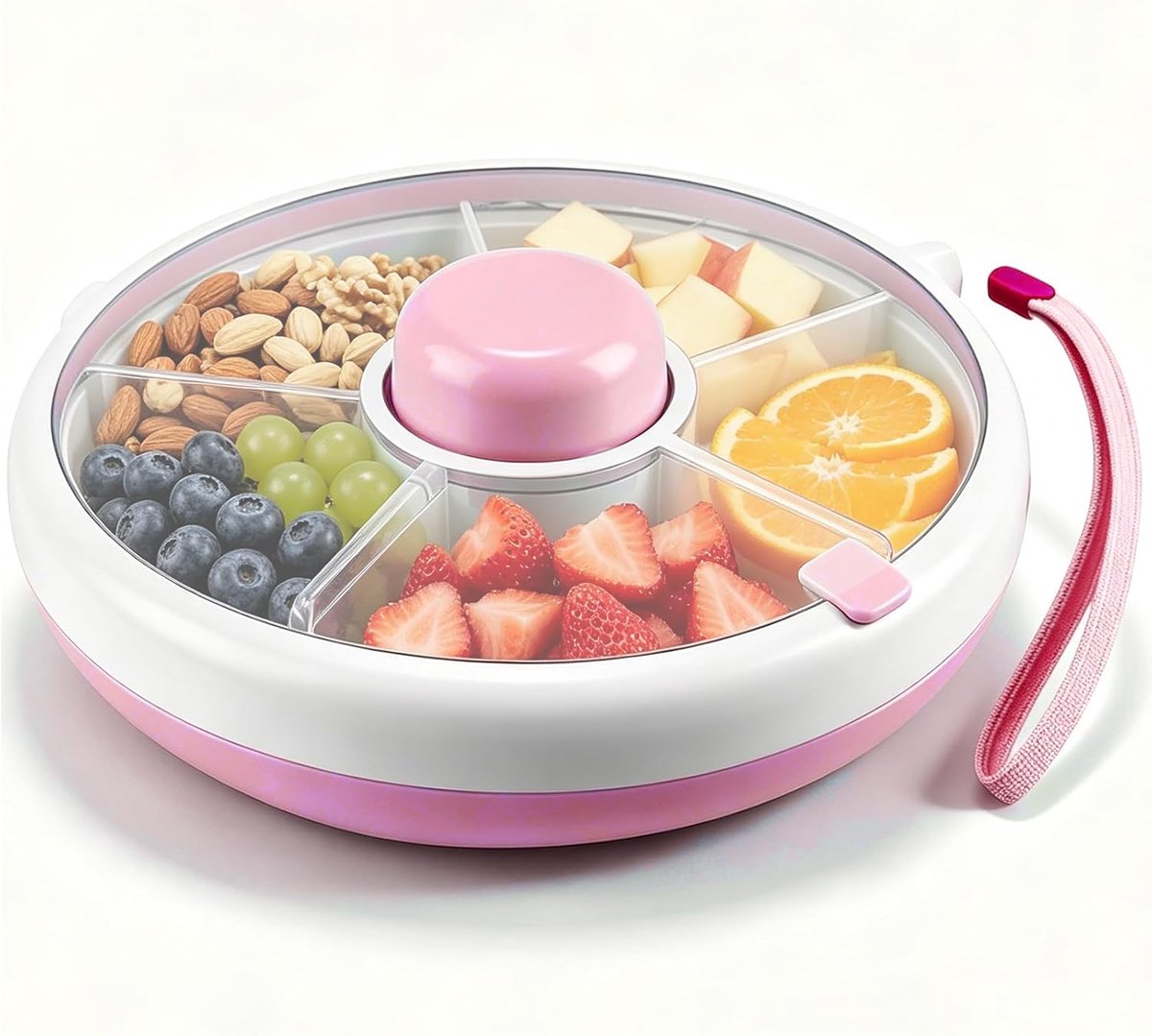 Snackbox met vakken, voor op reis, snackspinner, draaibare opslag, snackbord met deksel, draaiplateau organizer voor fruit, snoep, noten, desserts (roze)