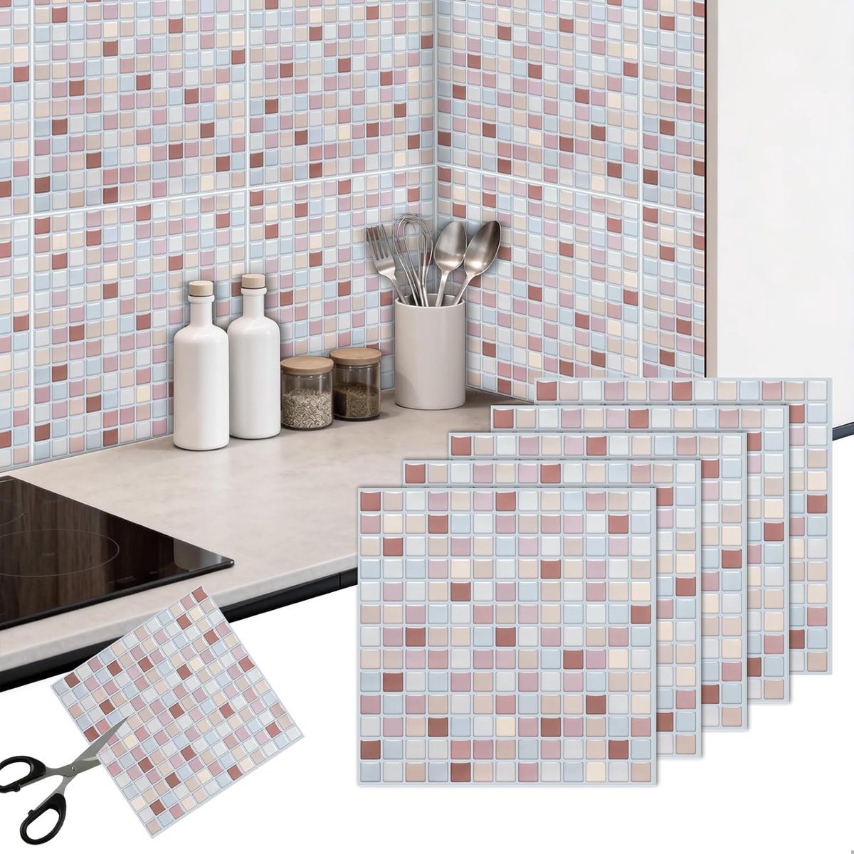 Tegelstickers, waterdicht, wandtegelfolie voor keuken en badkamer, woonkamer, pvc-wandpanelen om op te plakken, spatbescherming (25 x 25 cm, 5 stuks)