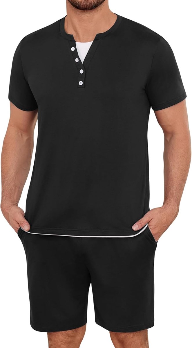 Pyjamabroek voor heren, geruit patroon, herenpyjama, zomer, Henley-kraag, pyjama voor heren, pyjamabroek, nachtkleding, tweedelig, zwart, XX-Large