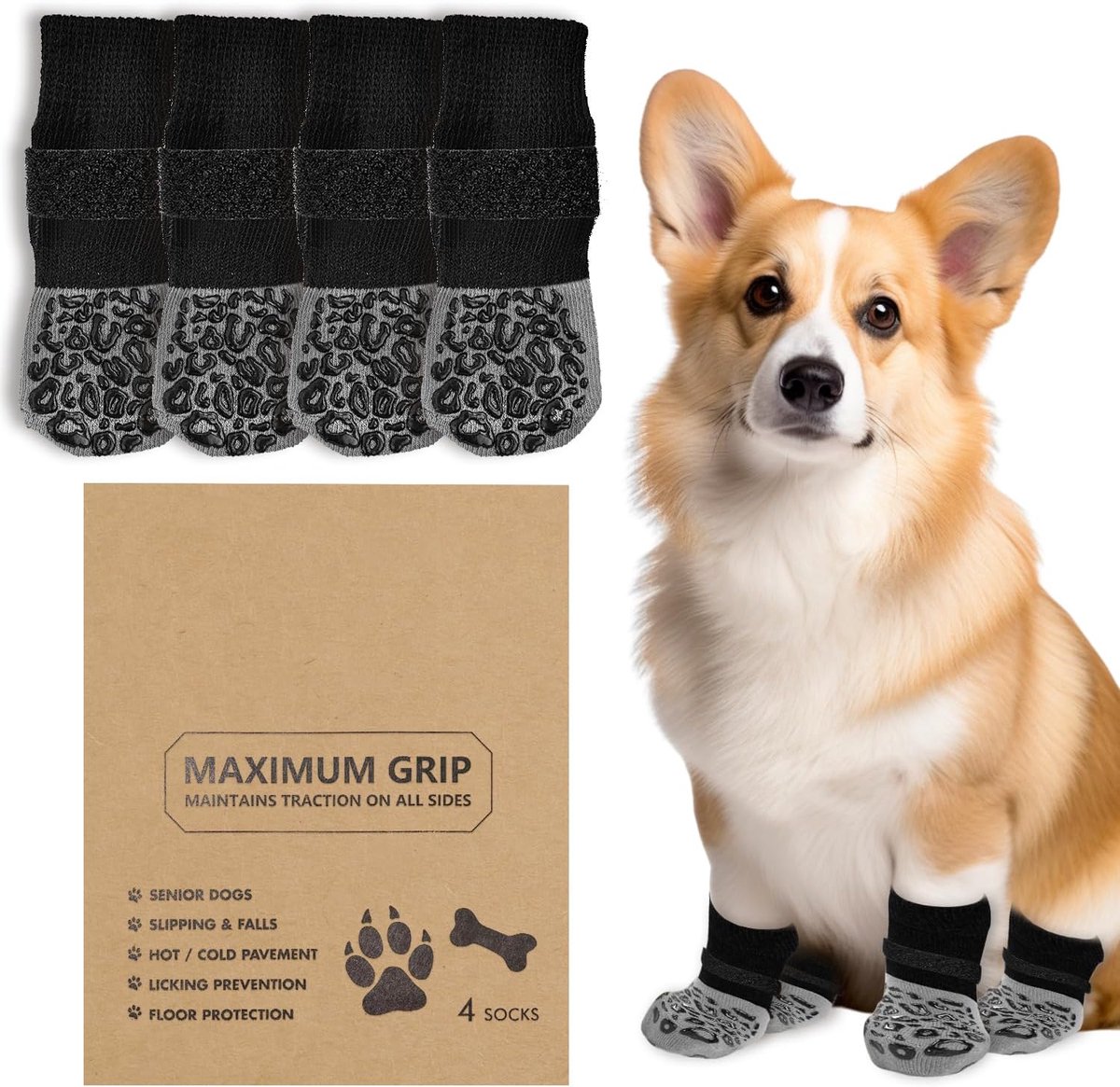 Hondensokken voor houten vloeren, pootbeschermers met extra grip, voorkomt likken en uitglijden, hondenschoenen voor kleine, middelgrote, grote en oudere honden (luipaardprint, maat M)