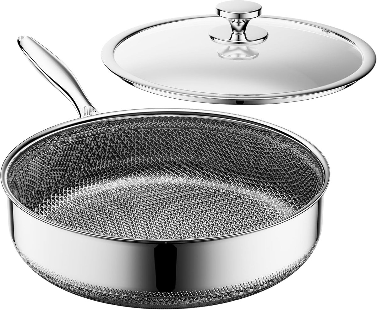 Koekenpan met deksel anti-aanbak 26 cm hybride, koekenpan met deksel, koel handvat, gemakkelijk schoon te maken, PFAS PFOA & PTFE vrij, ovenbestendig tot 260 °C, geschikt voor alle