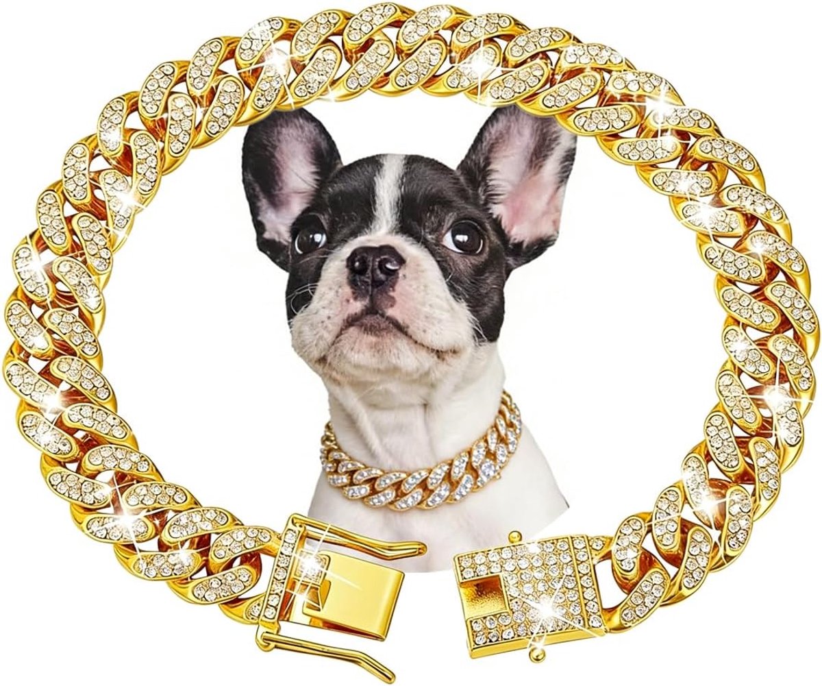 Hond Ketting Halsbanden, Diamant Cubaanse Link Hond Ketting Kraag Wandelen Metalen Hond Ketting Met Veilige Gesp Kat Ketting Kraag Huisdier Sprankelende Sieraden Accessoires Voor Medium Grote