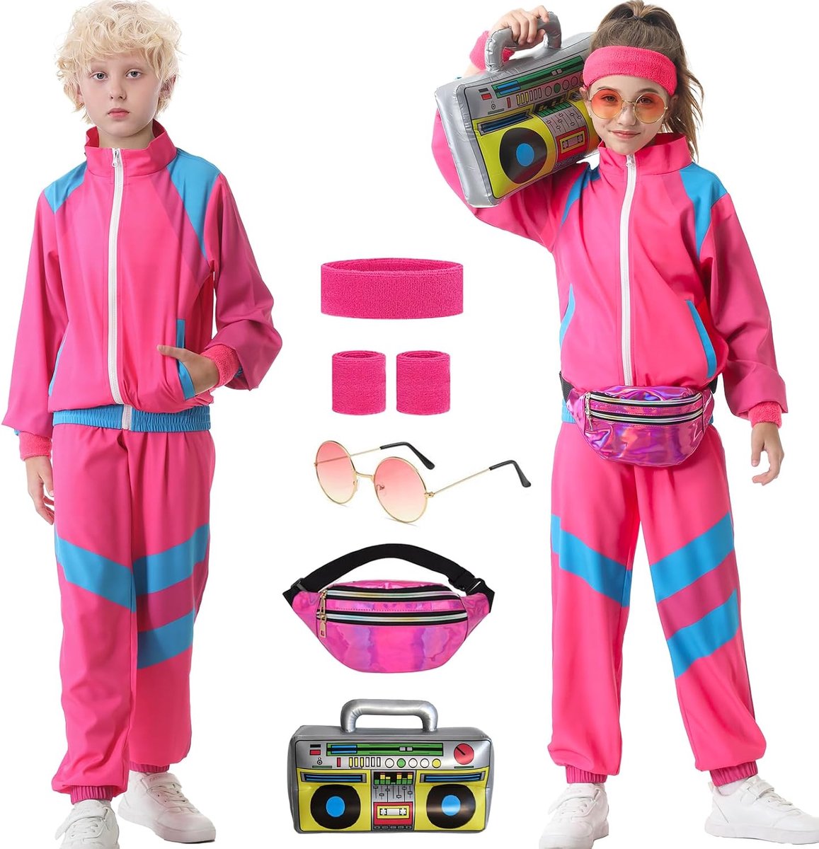 80-kostuum voor kinderen, jaren 90-outfit, trainingspak voor jongens en meisjes, Halloween, carnaval, 4-12 jaar