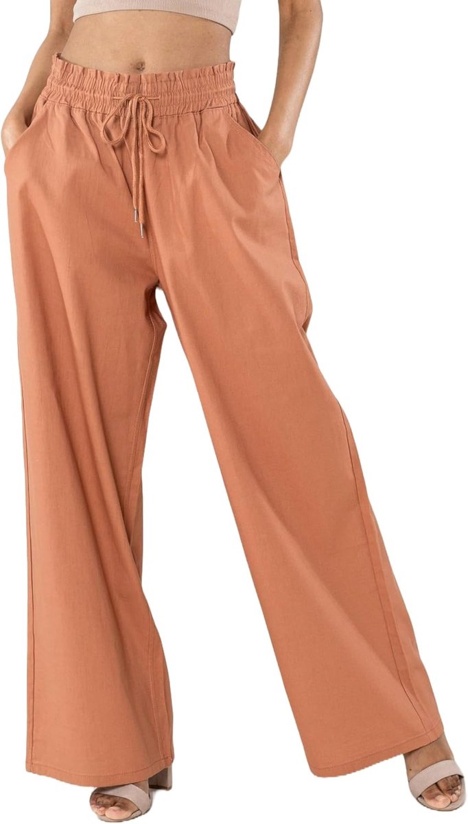 Carter A001 Zomerbroek voor dames, lichte wijde broek, katoenmix, stretch, elastische tailleband, luchtig en ademend, losse pasvorm, linnenlook