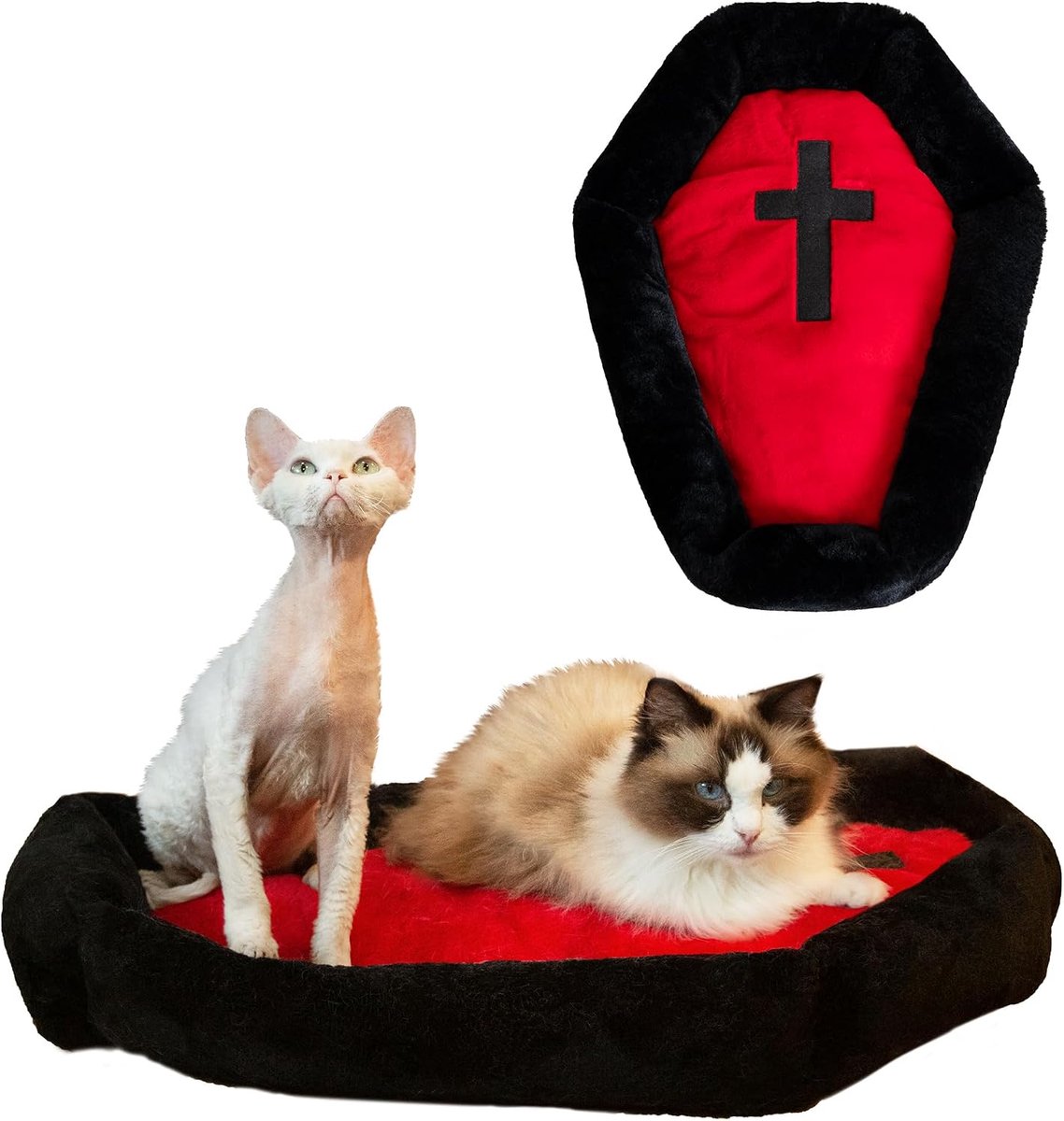 Gothisch kattenbed, geschikt voor maximaal 10 kg, wasbaar barbed, Halloween-huis voor huisdieren, 61 x 43 cm, rood en zwart, klein formaat