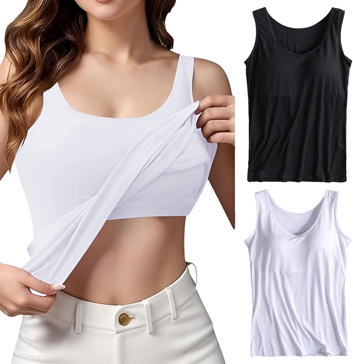 2-delige tanktop voor dames met geïntegreerde beha, onderhemden met brede elastische bandjes