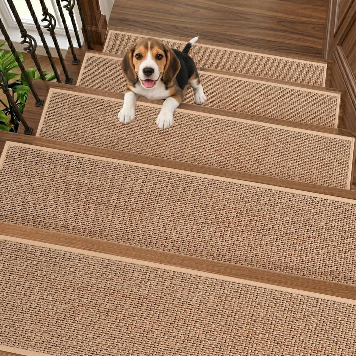 Traptreden voor houten treden, pak van 15, rubberen achterkant, binnen, wasbaar, 76 x 22 cm (beige)