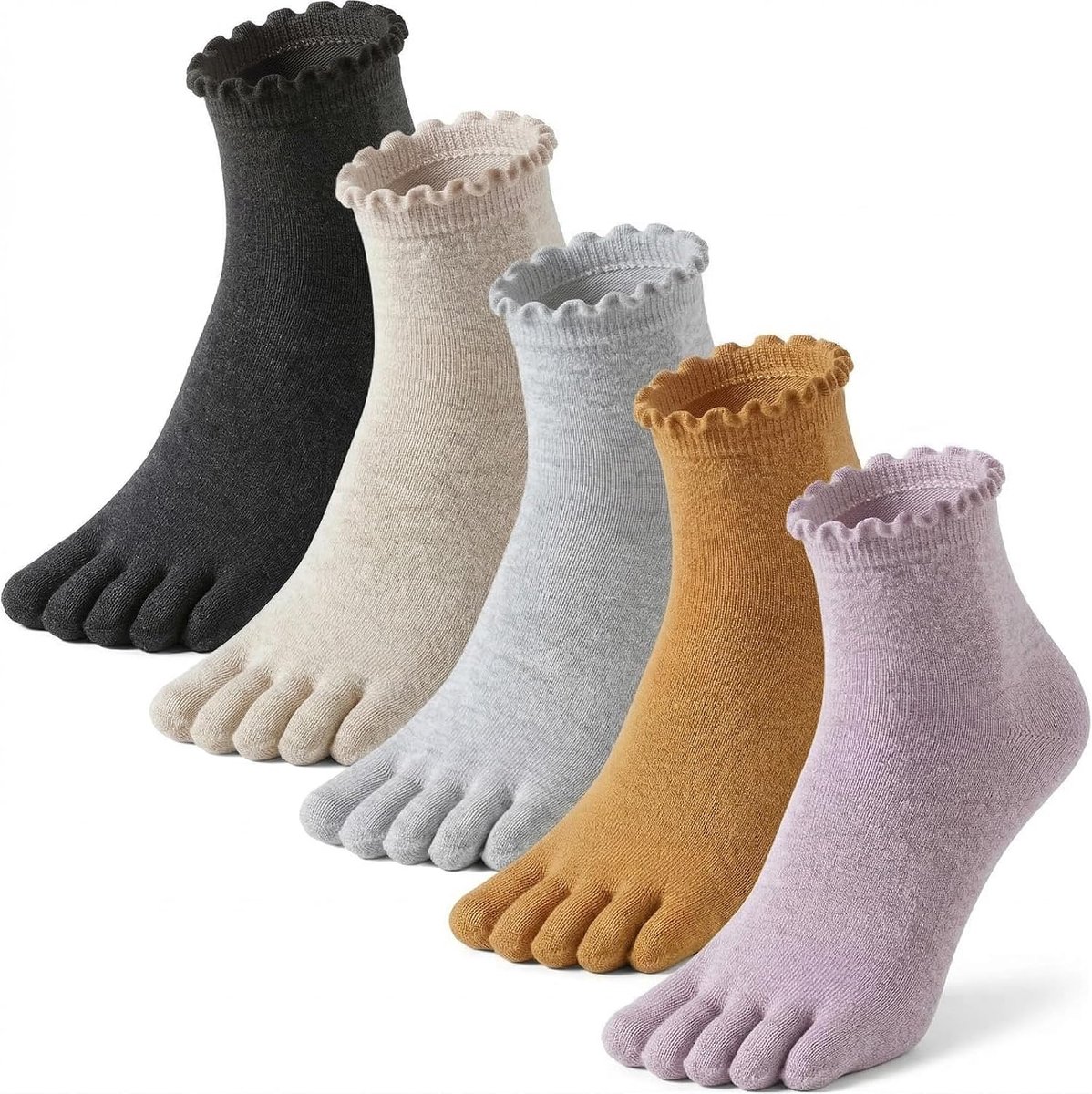 Sokken met 5 vingers, 5 paar, zacht katoen, gescheiden tenen en ruche-rand, enkelhoogte, ademend, voor sneakers, mocassins en dagelijks gebruik, EU 35-41