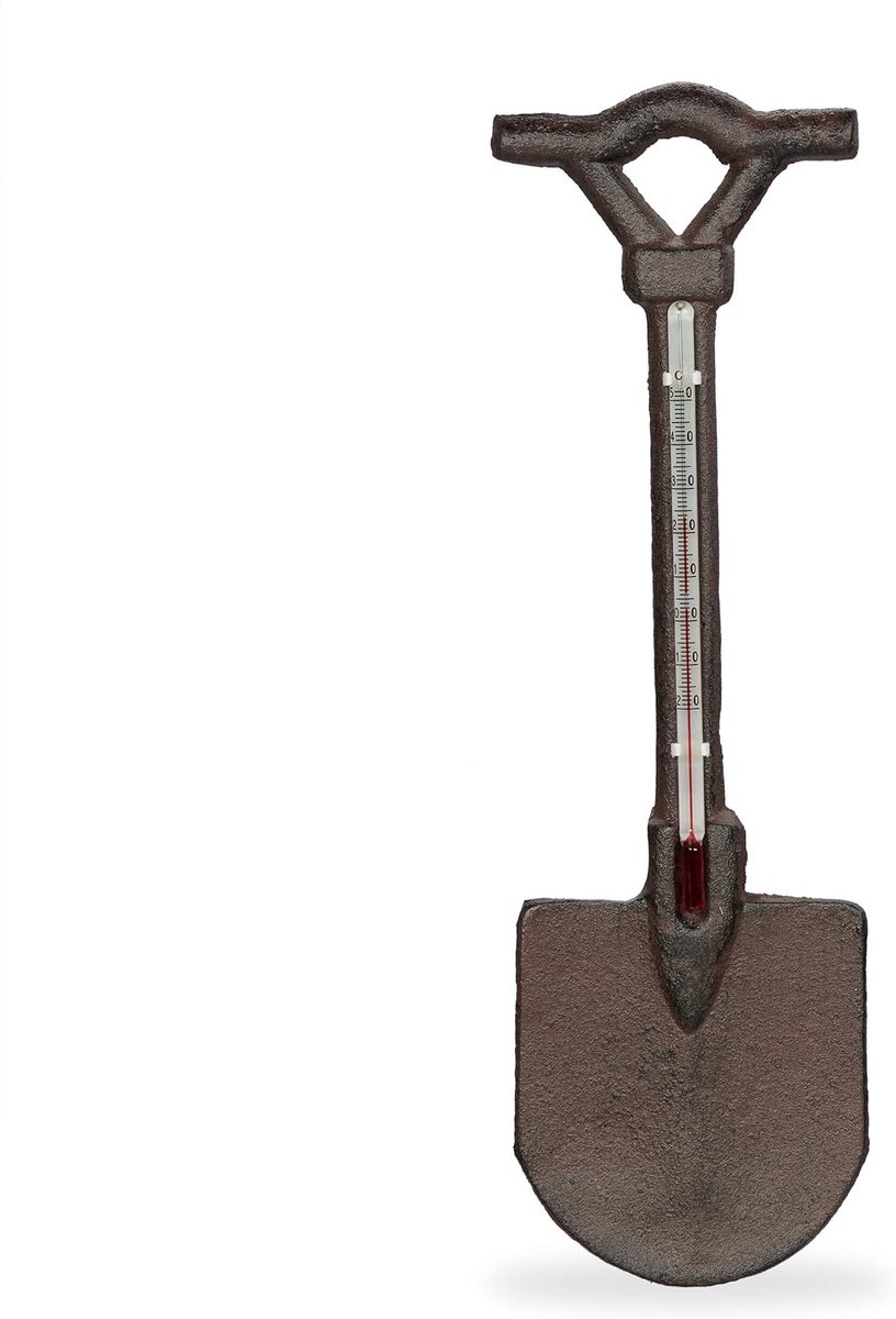 Buitenthermometer in de vorm van een schop, analoge wandthermometer van gietijzer, antieke tuindecoratie, bruin, 30 x 9 cm