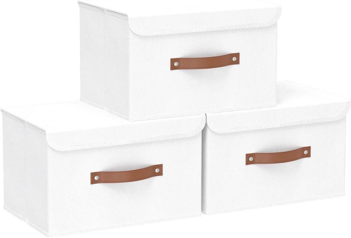 3-Delige Opbergdozen met Deksel, Opvouwbare Stoffen Boxen, Kledingopbergvak, voor Slaapkamer, Kleding Opbergen, 26x20x17cm, Wit, SNK018WN-3