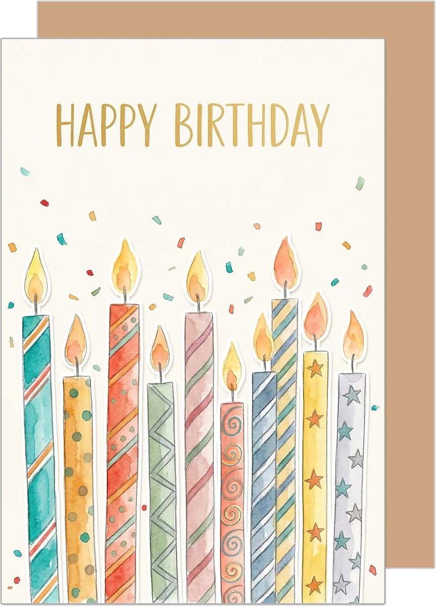 Seidel Premium wenskaart voor verjaardag met envelop. Verjaardagskaart wenskaart vouwkaart spreuk Engels Happy Birthday voor mannen vrouwen vrienden kaarsen confetti kleurrijk (G4381 SW026)