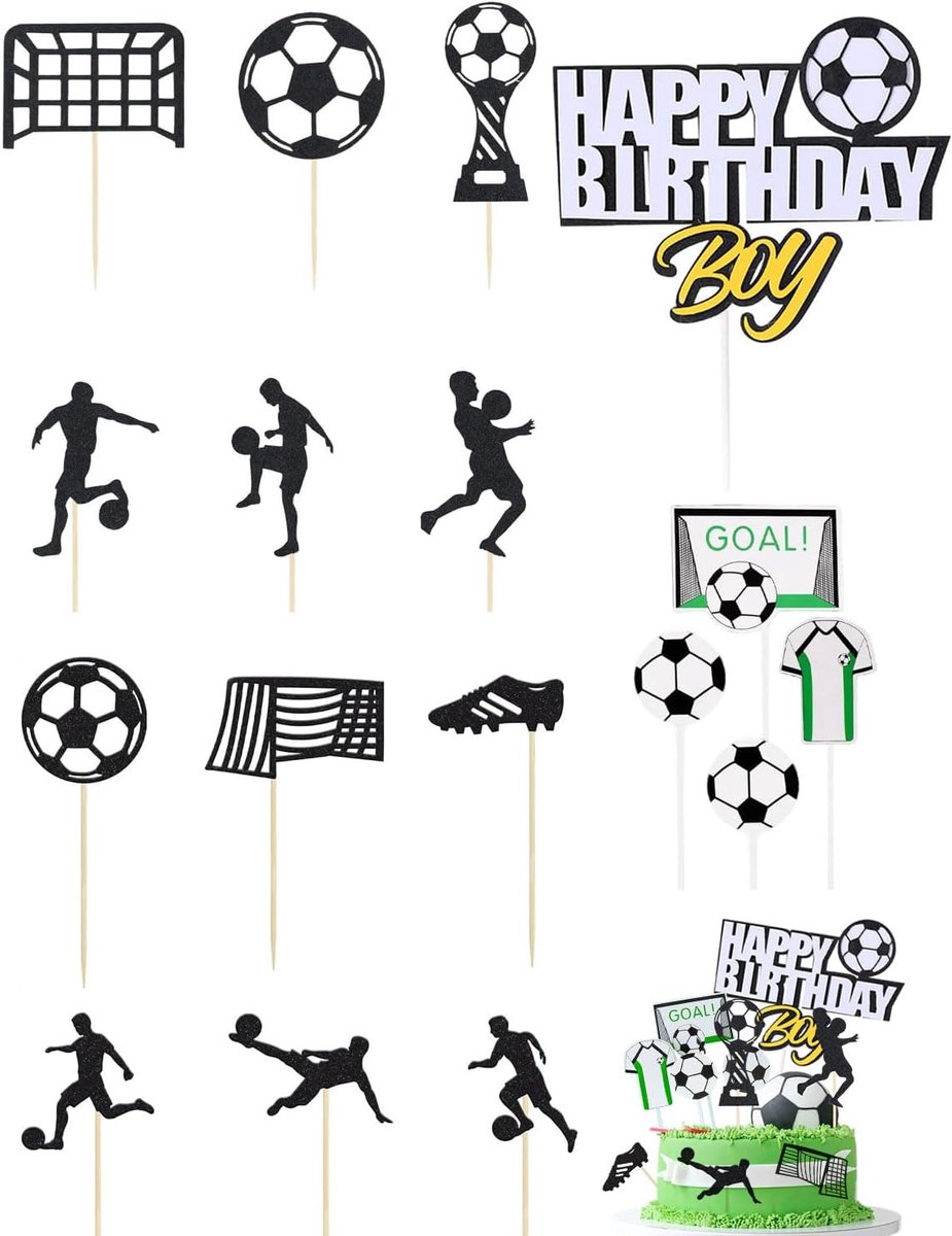 Taartdecoratie, 18 stuks taarttoppers voetbal, voor verjaardag kinderen, jongen thema, voetbal verjaardagstaart figuren - G