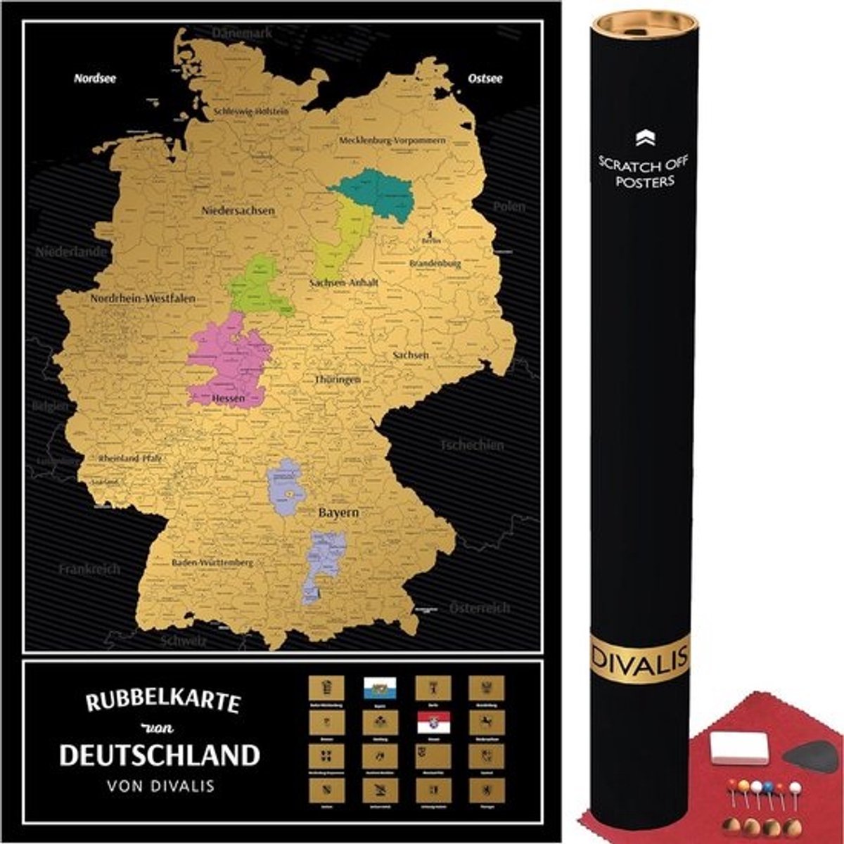 Kraskaart Duitsland - Reisposter - Reisplanning - Grote Afmeting - 61x41 cm - Zwart Goud