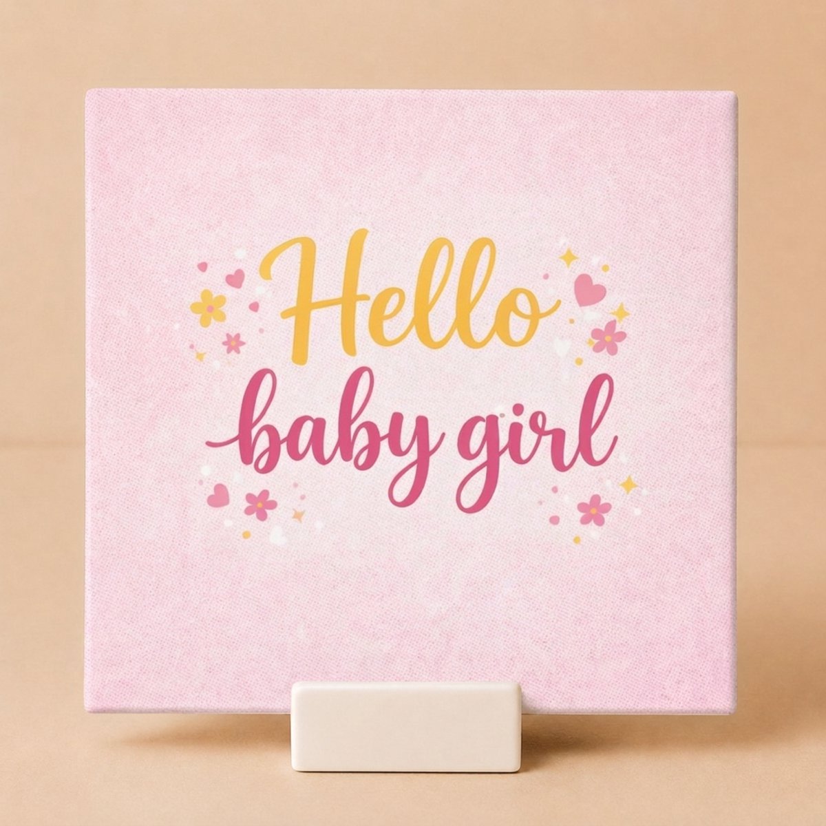 Tegeltje "Hello Baby Girl" Roze – Keramisch Tegeltje 11x11 cm met Houdertje – Kraamcadeau Meisje