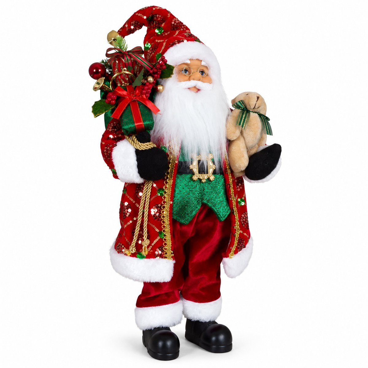 Benza – Kerstman Gunnar – Staande Kerstdecoratie met Teddybeer – 60 × 35 × 20 cm – Rood/Groen