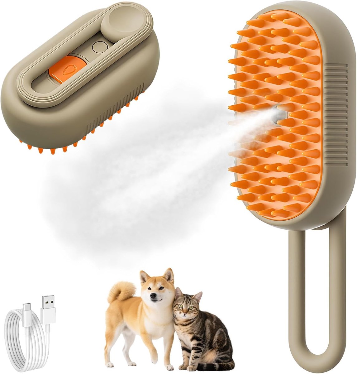 Stoomborstel voor honden, kattenborstel met stoom siliconen, kattenborstel kort haar met inklapbare handgreep met watertank, massage, verzorging en ontharing, voor katten en honden (koffie)