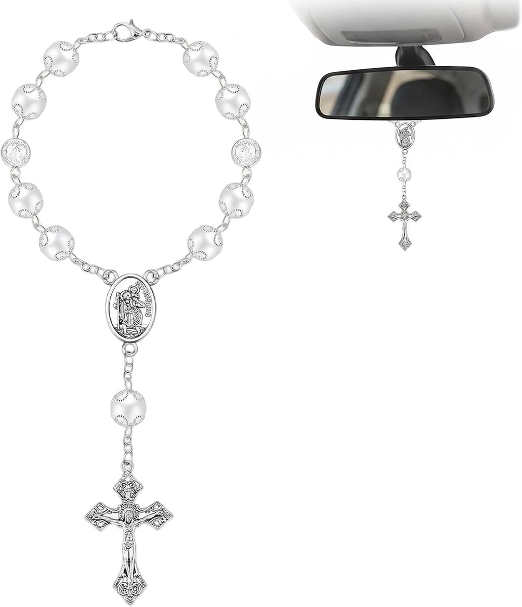 Christoffel voor de auto, hanger voor achteruitkijkspiegel, wit, autodecoratie en geluksbrenger, cadeau voor bestuurders en reizigers, bescherming en veiligheid op de weg