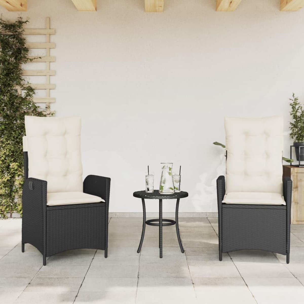 Tuinstoelen 2 stuks met kussens, zwarte PE-rotanstoel met verstelbare rugleuning, stevig gepoedercoat stalen frame, comfortabele tuinstoelen afneembaar