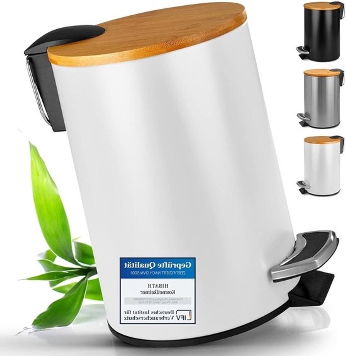 Afvalemmer met bamboedeksel voor badkamer (3 liter, wit) met automatisch daalsysteem