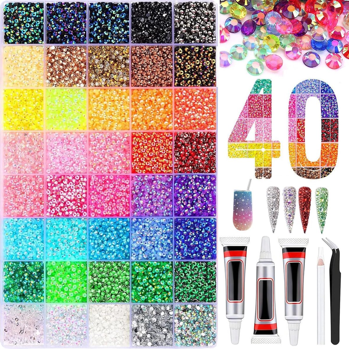 Strassteentjes, 3 mm, 24 kleuren, glitterstenen om te knutselen, bedazzling kit voor nagels en textiel, strass-steentjes, nail art, diamond painting, doe-het-zelf, knutselen, lijm niet inbegrepen