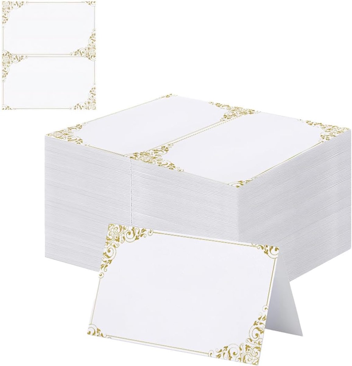 50 stuks plaatskaarten, blanco, naamkaarten om te beschrijven, met gouden rand en gouden versieringen op de hoeken, voor bruiloft, verjaardag, communie, doop, feest, festival (goud)