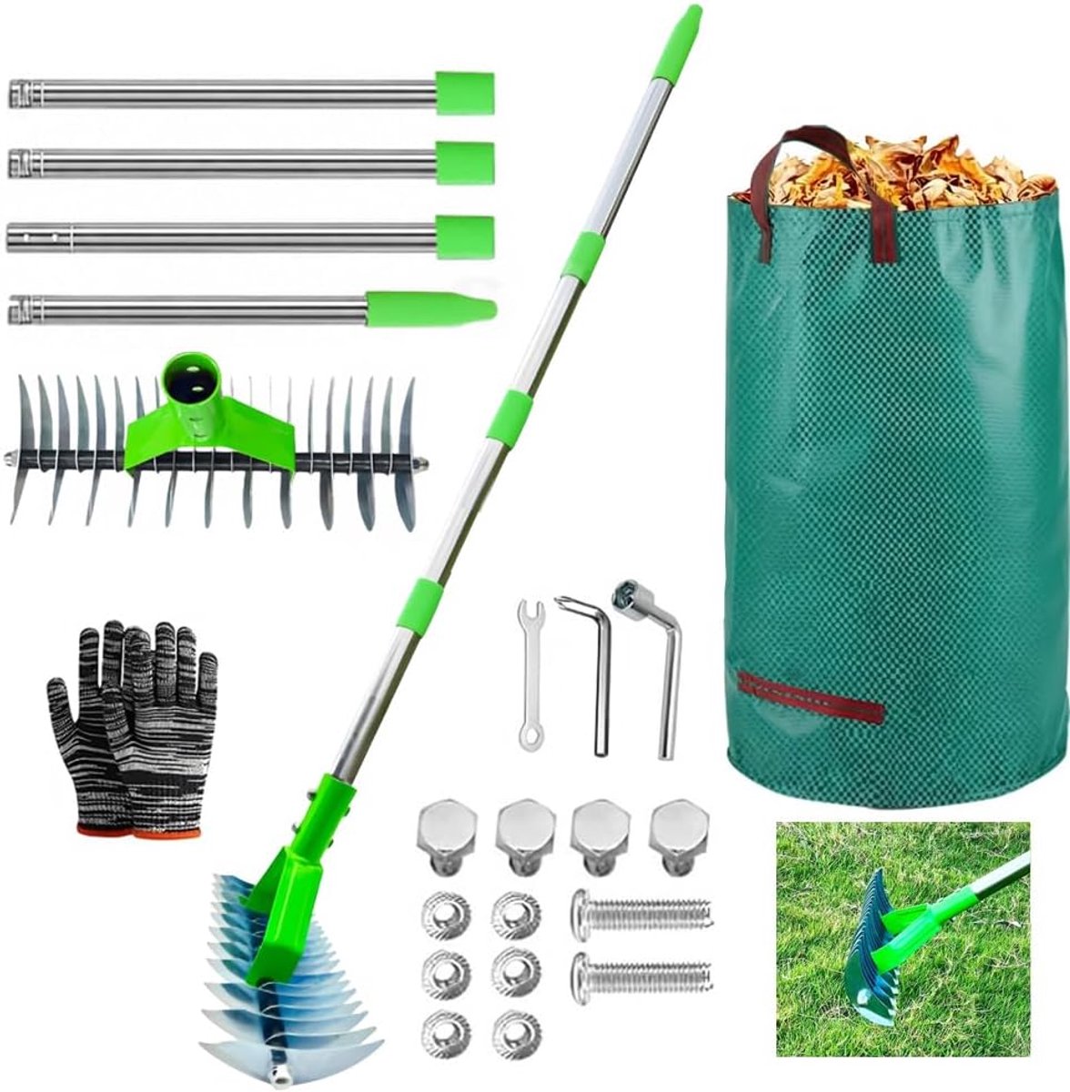 Verticuteermachine voor gazon met telescopische handgreep, 163 cm, met zak voor tuinafval, Dethatcher Heavy Duty voor het verwijderen van dood gras, losmaken van de grond (groen, 163 cm)