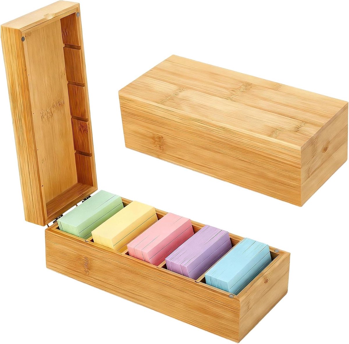 Indexdoos met indexkaarten, hout, leerkaartenbox met 4 uitneembare scheidingswanden (22,2 x 9,5 x 7 cm), voor scholen, thuis, kantoor, klassieke houten kist