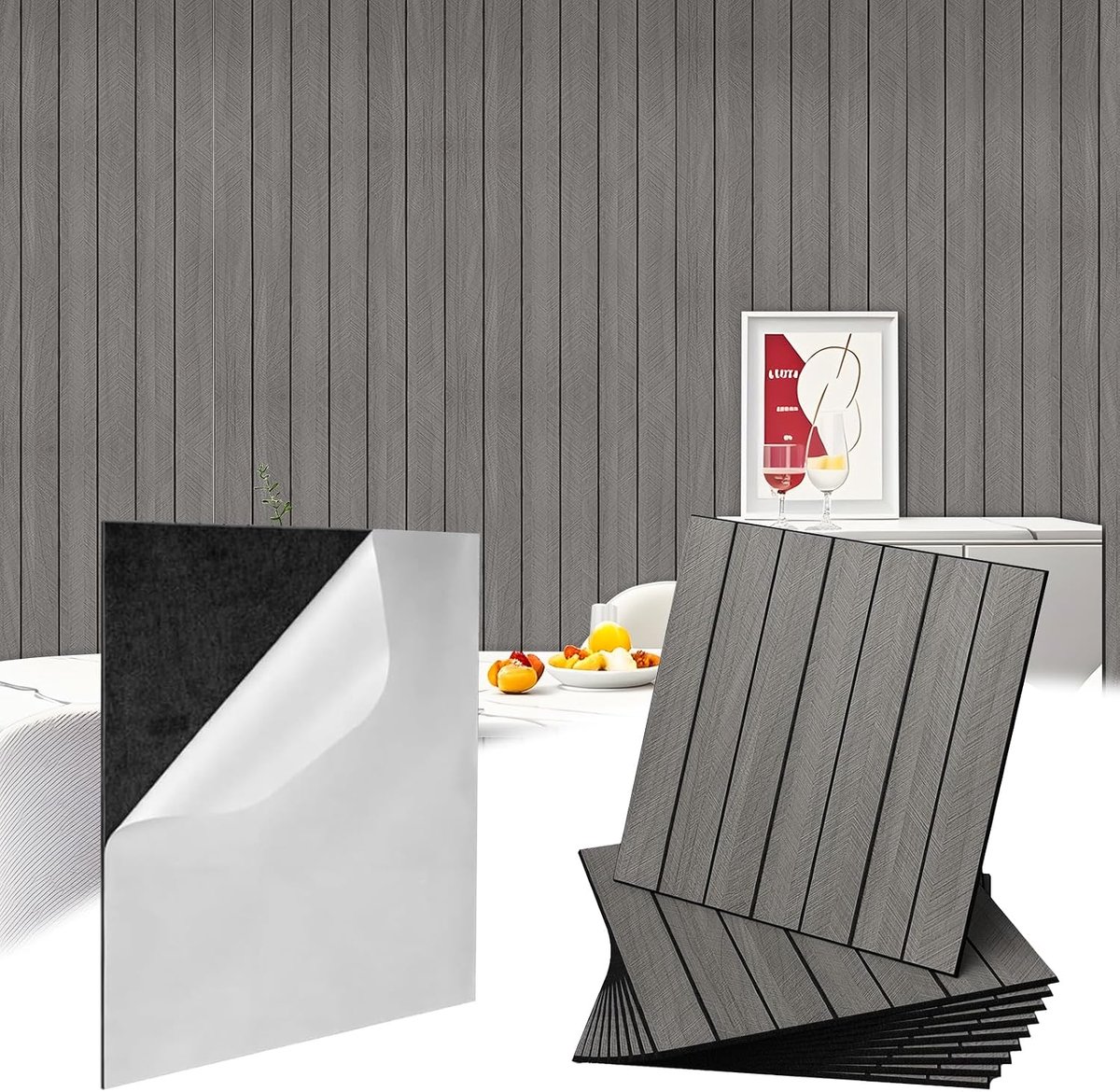 Wandpanelen in houten lattenlook, 30 x 30 cm, 12 stuks tegelstickers, kleeftegels, keuken, afneembaar, pvc-wandpanelen, metro wandtegels, zelfklevende keukenachterwand (grijs)