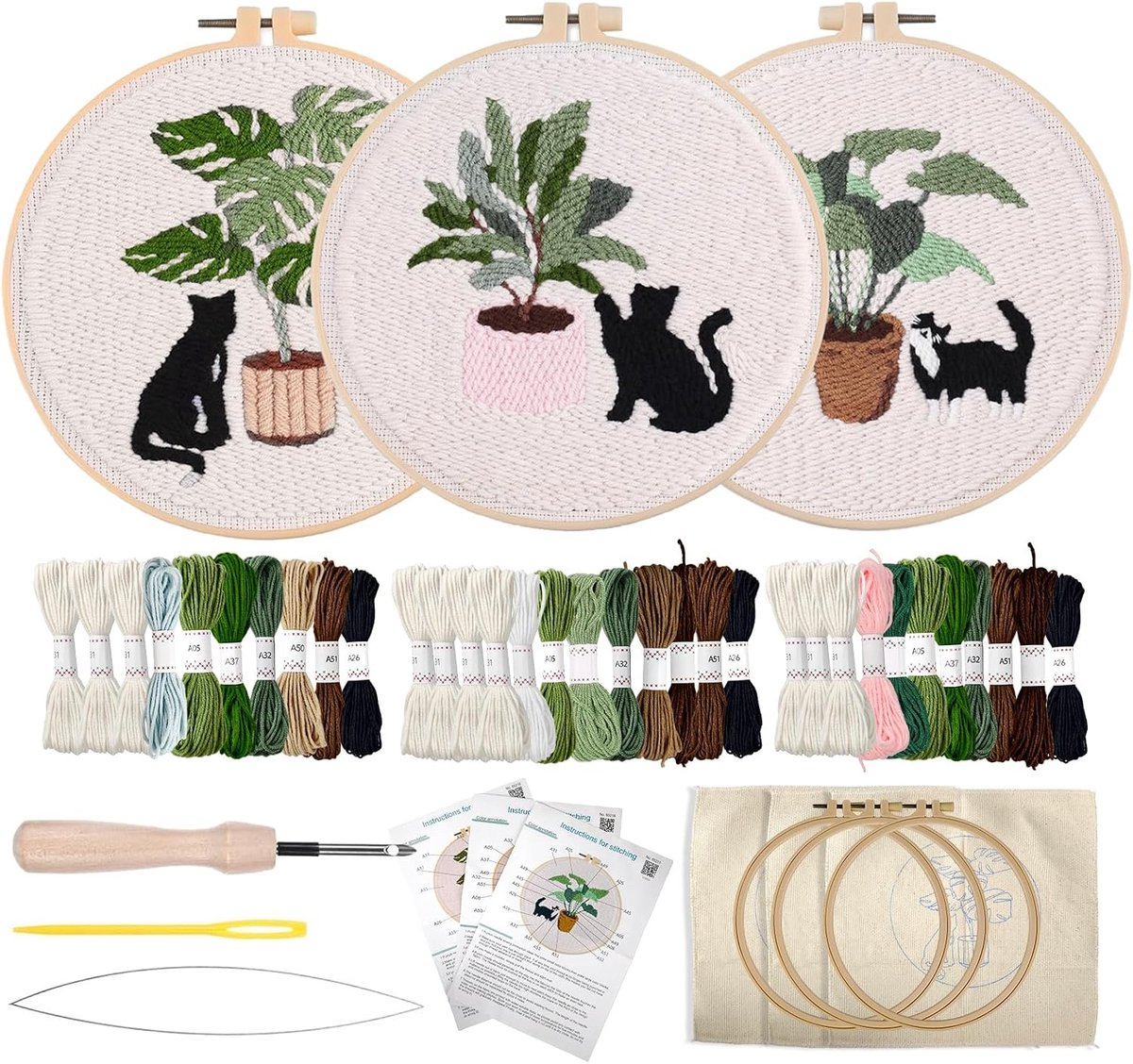 Ponsnaaldset voor beginners: kat DIY-borduurset met bedrukte patronen, ring, kleurrijk garen. Eenvoudig dierencadeau voor kerst, verjaardag, huisdecor.