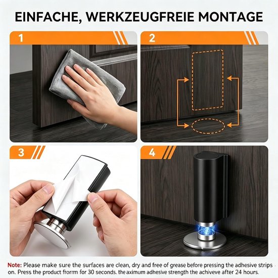 Deurstopper, bevestiging door lijm zonder boren, sterke magneet, met kleefkussen, winddichte deurstopper voor vloer of muur, zwart — afbeelding 5