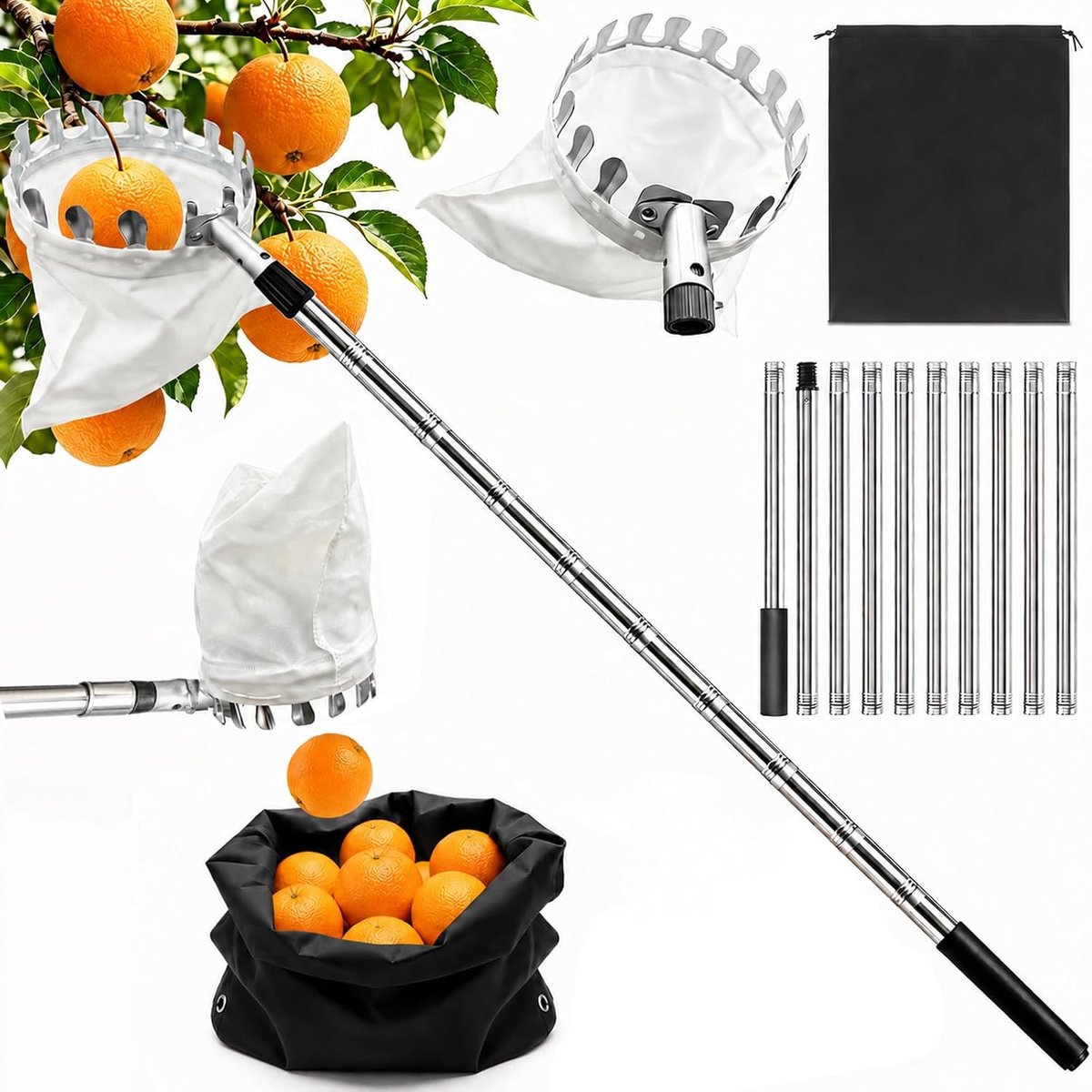 Fruitplukker met telescoopsteel 4M, appelplukker, diameter 16 cm