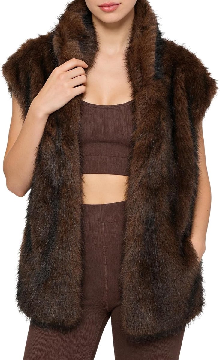 Bontvest voor dames, mouwloos vest, lang kunstbont, pluche vest, herfst, winter, kunstbont, vest, wintervest, bontjas, warm, met zakken