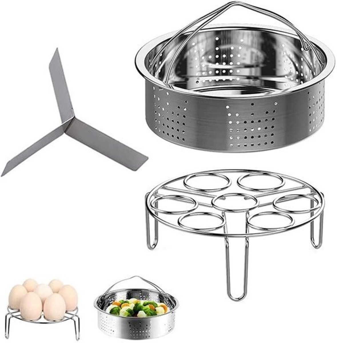 Snelkooktoebehorenset - Stoommand-eirek - Gezond koken - Roestvrij staal - Set van 3 - Zilver