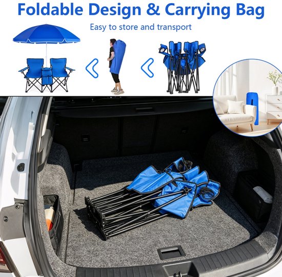 ELVENTO Strandstoel opvouwbaar - Campingstoel opvouwbaar - Campingstoelen - Strandstoeltjes lichtgewicht - 2 zits - Met parasol — afbeelding 5