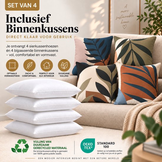 Set van 4 sierkussens met vulling, in diverse botanische patronen met blauw, bruin en groen. Klaar voor gebruik.