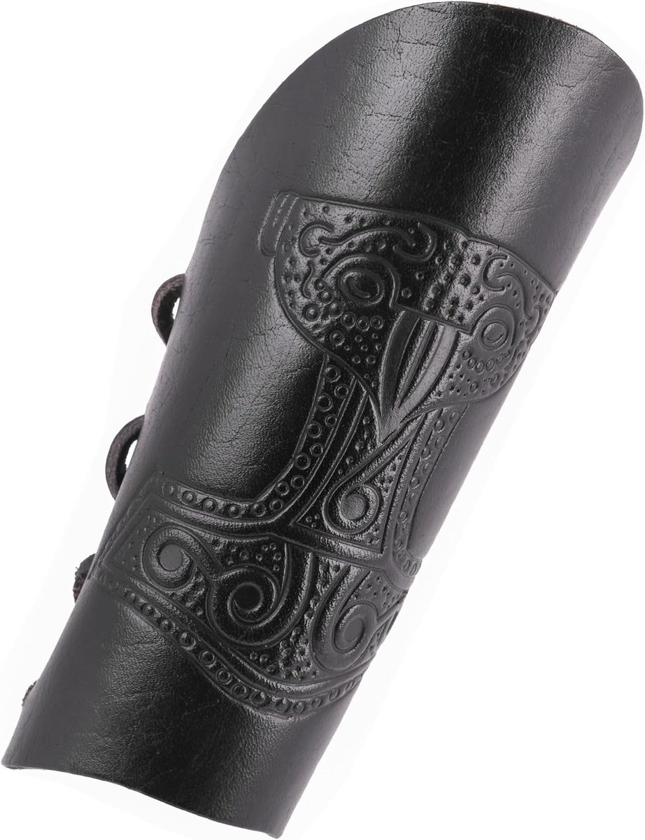 Armwarmers van leer met reliëf Thor-hamer, zwart - armbeschermers LARP Middeleeuws Viking maat paar, zwart