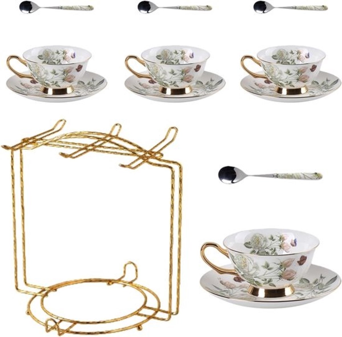 Elegante 8-delige porseleinen theeset met bloemenmotief - Inclusief geschenkdoos