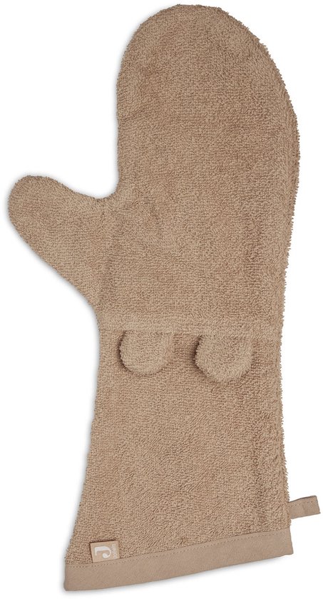 Bruine badstof washand met 'oren' detail aan de onderkant.