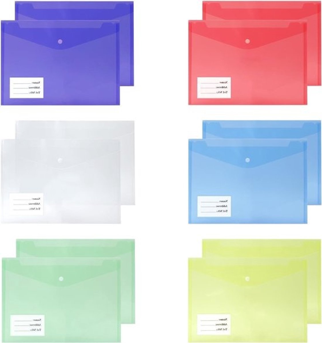 A4-documentenopbergers - Transparante plastic tas met labels - Herbruikbare documentenmap voor school, kantoor en thuis - Set van 12 stuks