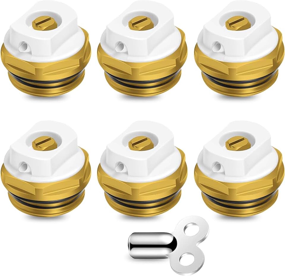 6 stuks radiator-ontluchtingsventielen, 1/2 inch messing verwarming, ontwateringsventiel met ontluchtingssleutel, ontluchtingsstop, handmatig verwarmingsventiel, ontluchter, verwarming