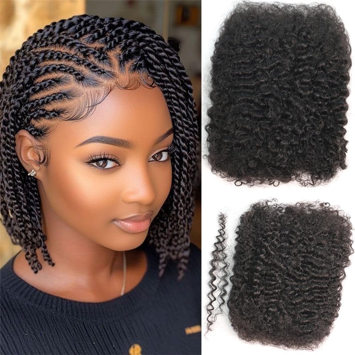 Kinky Curly Bulk Human Hair, 50g Dreadlocks & Twist Braiding Hair, 10 Inch Natural Black Lock Repair Extensions
