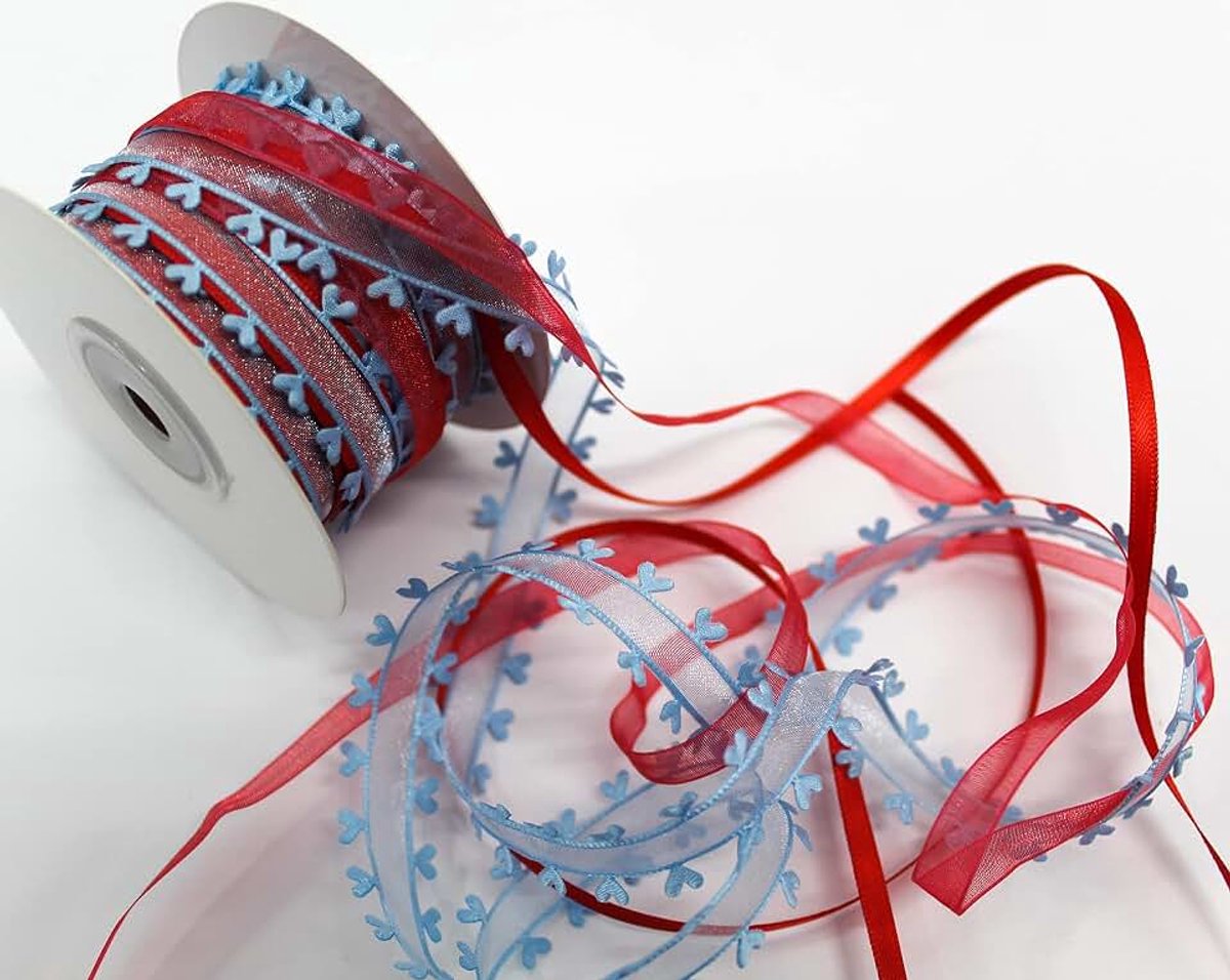 3 linten in combinatie met hart 15 mm organza satijnen lint, cadeaulint, hartband, strikband, decoratie (lichtblauw-rood)