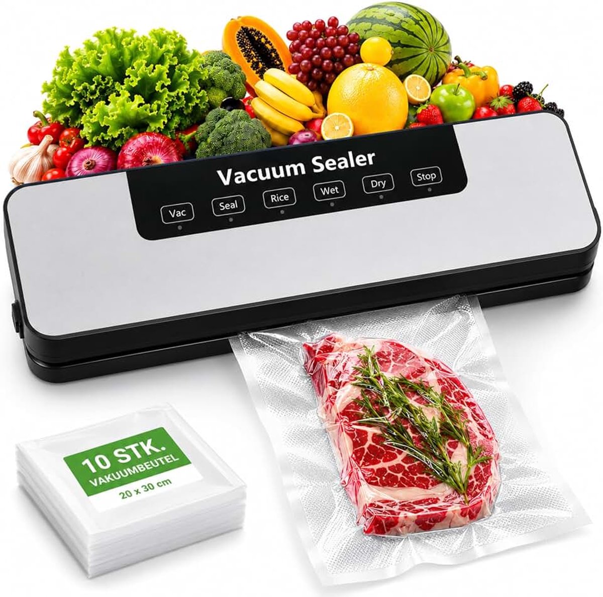 Vacuümapparaat voor levensmiddelen, 6-in-1 vacuümsealer | Met 10 vacuümzakken, 6 modi, droog- en vochtige modus, tot 8 x langer vers, voor keuken en restaurant