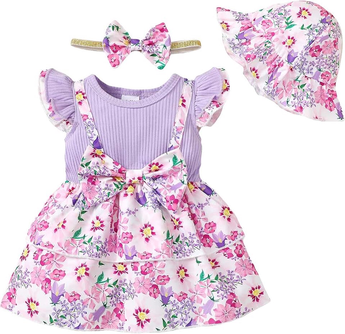 Babykleding voor pasgeborenen meisjes, jurk met ruches en bloemenprint, zomeroutfits, schattige strik, hoofdband en rok