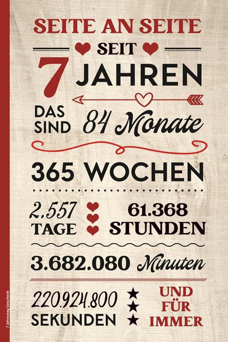 Jahrestag Geschenk: A5 Notizbuch liniert Idee zum 7 Hochzeitstag SEITE AN SEITE SEIT 7 JAHREN Notiz Buch für Erinnerungen nach sieben Jahren glücklicher Beziehung Kleinigkeit zum 7. Kennlerntag