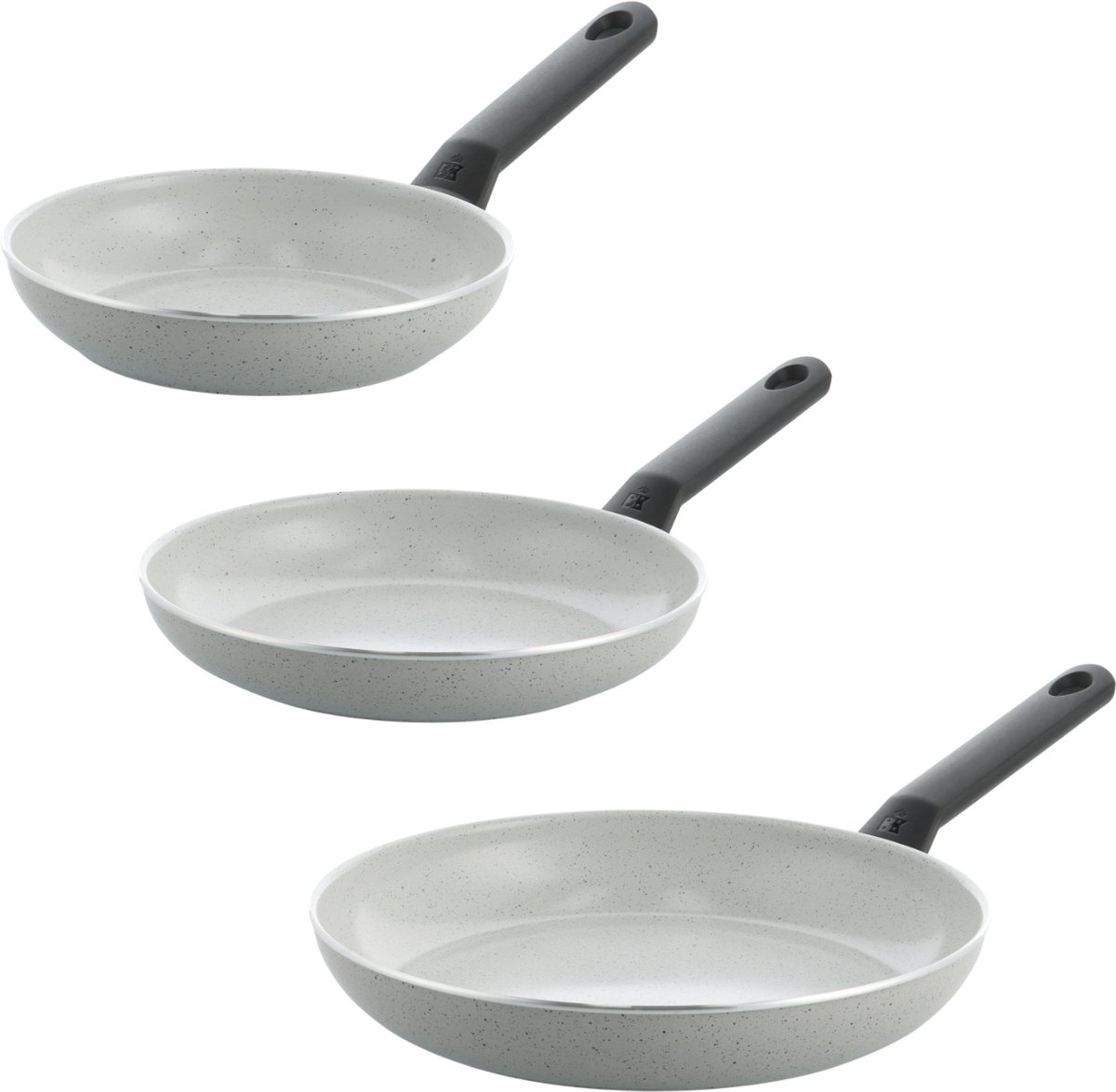 BK Universe Granite Koekenpannenset 3-delig - 20/24/28 cm - PFAS-vrije antikleeflaag - Inductie pannenset - Keramische koekenpannen - Ovenbestendig tot 160°C - Koudgrepen - Grijs/Graniet