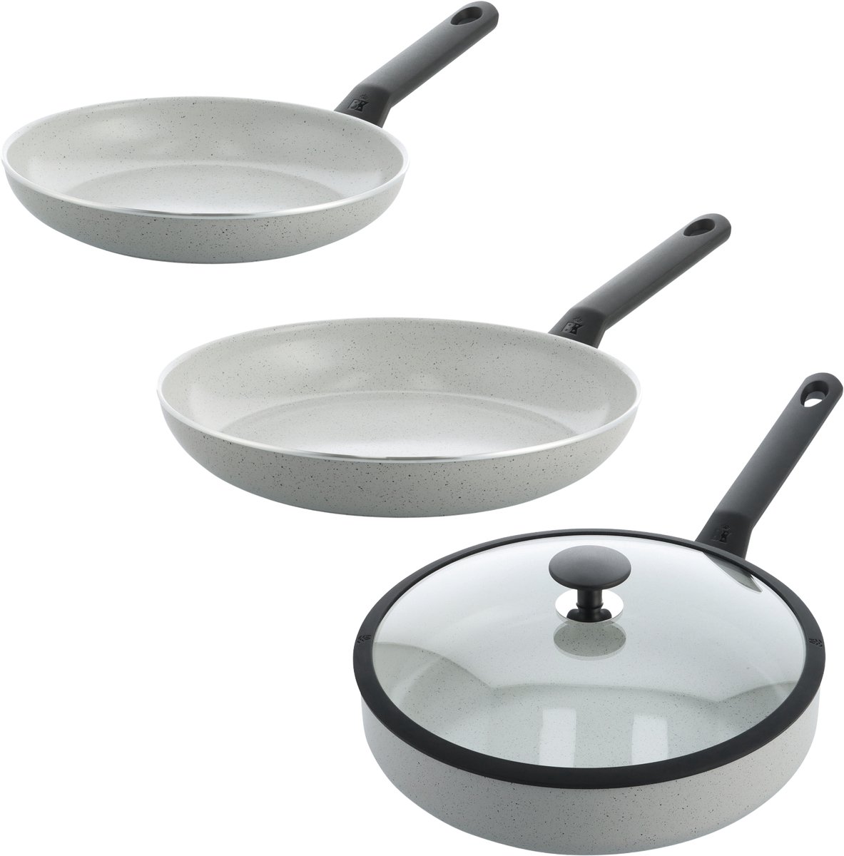 BK Universe Granite pannenset 3-delig - 24/28/28 cm - PFAS-vrije antikleeflaag - Inductie pannenset - Koekenpannen 24 & 28 cm + Hapjespan 28 cm - Ovenbestendig tot 160°C - Koudgrepen - Grijs/Graniet