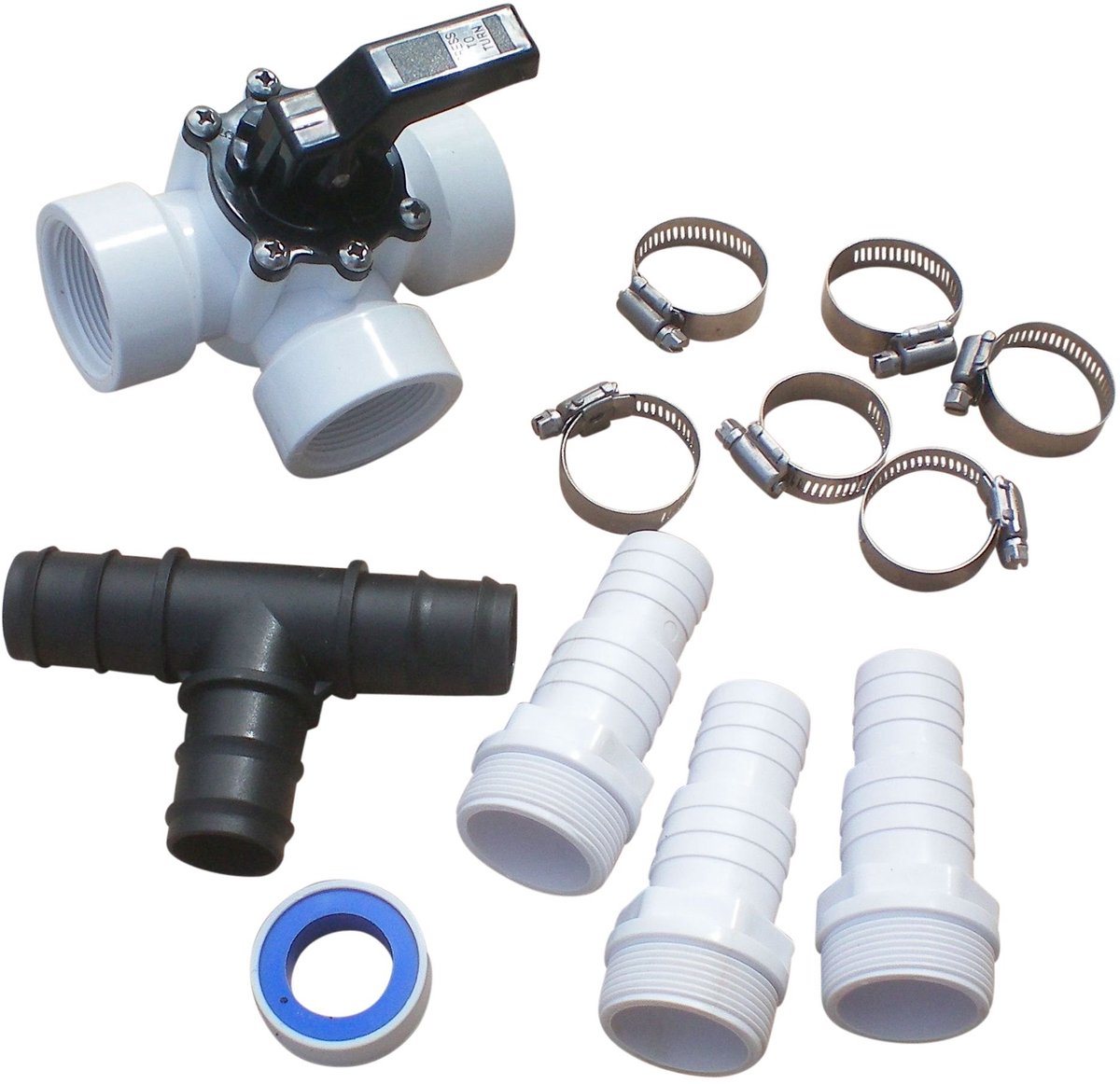 Bypass Set 3-wegventiel met slangtules 32/38 mm, buisklemmen, T-stuk en teflonband, voor zonneverwarming en warmtepompen
